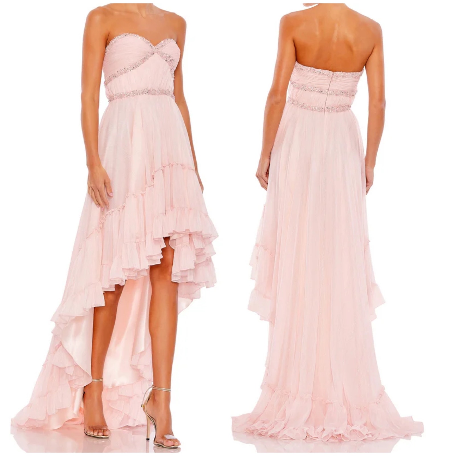 Mac Duggal Nwt Beaded Ruffle High Low Gown Ice Pink Size 2 Jeweled Chiffon